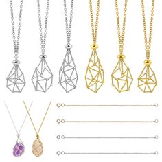 PRICES MAY VARY. COMPLETE SET: Contains 6 crystal cage necklaces (including 3 gold and 3 silver, each in large, medium and small sizes), plus 4 replacement necklace cords and 1 delicate gift box. No matter which color or size you love, you can easily find the ideal match. Note: Crystal stones are not included in this set EXCELLENT QUALITY: The crystal holder necklace is made of high quality alloy material and refined by electroplating process, which is exquisite in appearance, rust-resistant, durable and not easy to fade. Each necklace adds lasting luster and shows elegance FREELY ADJUSTABLE DESIGN: Our crystal necklace cages support length adjustment to meet all your needs for comfort. Whether for daily wear or special occasions, you can easily adjust it to the ideal length to avoid the d Necklace Shapes, Stone Holder Necklace, Crystal Holder Necklace, Crystal Necklace Holder, Crystal Cage, Art Style Study, Caged Necklace, Crystal Holder, Electroplating Process