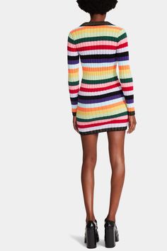 Add a touch of elegance to your wardrobe with the Steve Madden Maelee Dress. This versatile dress can be worn on its own or layered with a cardigan or blazer for a classy office look. Print Horizontal, stripes Length Mini Lining Unlined Neckline V-neck 100% Polyester Handwash Only Johnny Collar, Striped Sweater Dress, Retro Rainbow, Mini Sweater Dress, Versatile Dress, Office Look, Horizontal Stripes, Versatile Dresses, Weekend Wear