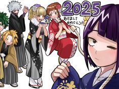 an anime character with purple hair and other characters