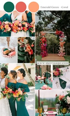 a collage of photos with different colors and flowers on them, including green, pink,