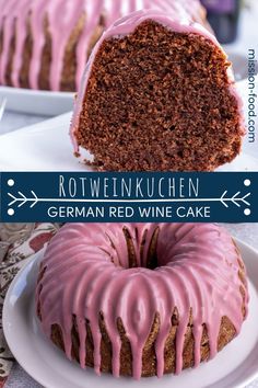 a close up of a bundt cake with pink icing on a white plate