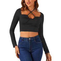 This top features a criss-cross halter neck design, which adds a touch of sexiness to the overall look. To enhance the fashion appeal of the crop top, opt for one with a tie-up detail at the front or back. Consider choosing a versatile color like black, white, or a neutral tone that can be easily paired with different bottoms. Believe you will need a shirt like this. Ribbed Halter Top, Black Long Sleeve Crop Top, Cropped Cami, Basic Long Sleeve, Hem Style, Long Sleeve Crop, Black Crop Tops, Black Media, Long Sleeve Crop Top