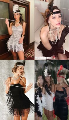 four different pictures of women dressed up in flappers, garbs and hats