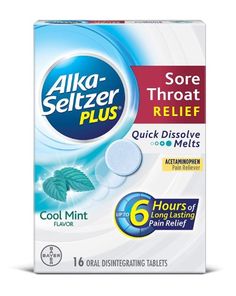 Alka-Seltzer Plus Sore Throat Relief Quick Dissolve Melts Tablets with Pain Reliever, Cool Mint (Green), 16 Count Throat Relief, Sore Throat Relief, Alka Seltzer, Soap Packing, Sinus Pressure, Body Ache, Runny Nose, Sore Throat, Mouthwash