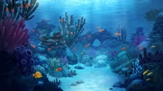 an underwater scene with corals, sponge fish and other marine life in blue water