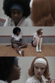 two women sitting on the floor in different poses