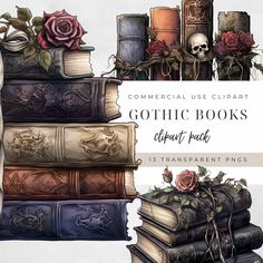 a stack of books with skulls and roses on them, sitting next to each other