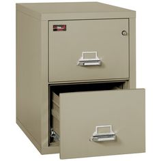 two file cabinets with one open drawer and the other closed, both in beige color