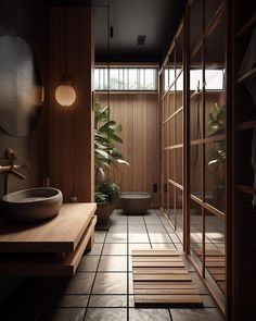 a bathroom with wooden walls and tile flooring