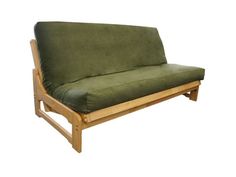 a wooden futon with green fabric on it's back and arms, in front of a white background