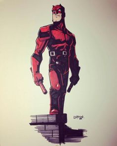 a drawing of a man in a red suit and black boots standing on a ledge