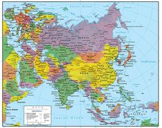 a large map of asia with all the countries and their major cities on it's borders