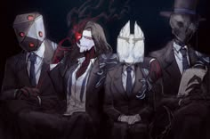 three people in suits and masks sitting next to each other with blood on their faces