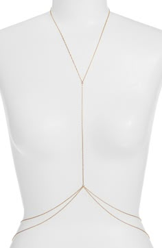 This polished body chain is handmade from 14-karat-gold fill and brings a bold touch to any look. Necklace: 20" length; 4" extender; belly chain: 32" length; 4" extender 14k-gold fill Made in the USA Belly Chain Gold, Chest Jewelry, Gold Body Chain Jewelry, Thigh Accessories, Body Chain Outfit, Diy Body Chain, Thigh Jewelry, Chain Outfit, Wedding Body