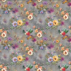 an image of a floral pattern on a gray background with flowers and leaves in the center