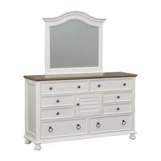 a white dresser with mirror and drawers