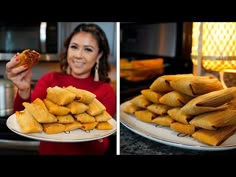 a woman holding a plate full of tamales