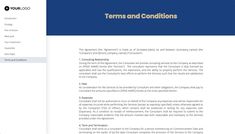 a blue and white business letterhead with the words terms and conditions on it