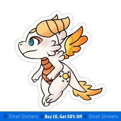 an orange and white pokemon sticker with wings on it's back, flying through the