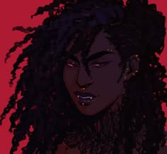 a drawing of a woman with dreadlocks and piercings on her face, in front of a red background