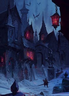 an image of a creepy castle in the snow at night with two people on it