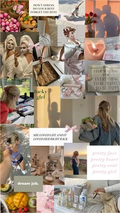 a collage of photos with words and pictures on them that include women's clothing