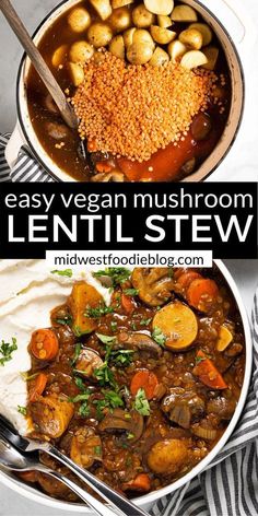 two bowls filled with lentil stew next to each other and the words vegetarian mushroom lentil stew