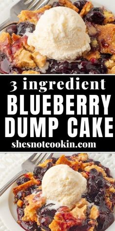 blueberry dump cake on a white plate with ice cream in the middle and an image of