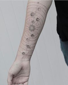 a person's arm with a solar system tattoo on it