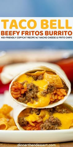 two burritos stacked on top of each other with cheese and meat in them