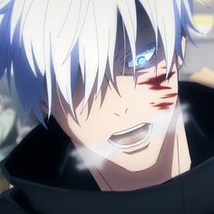 an anime character with white hair and blue eyes looking at something in front of him