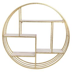 a gold metal shelf with three shelves in the shape of a circle, on a white background