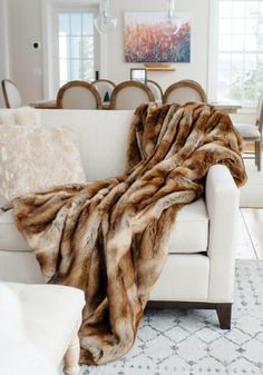 a living room filled with furniture and a large fur blanket