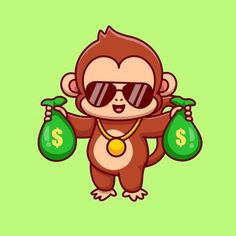 a monkey with sunglasses and money bags on his back, in front of a green background