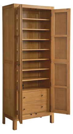 an open wooden cabinet with drawers and shelves