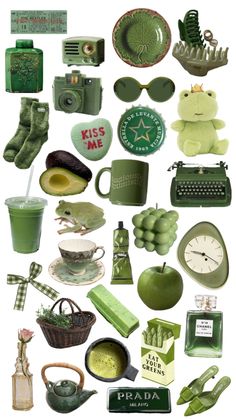 an assortment of green items are arranged in the shape of a collage