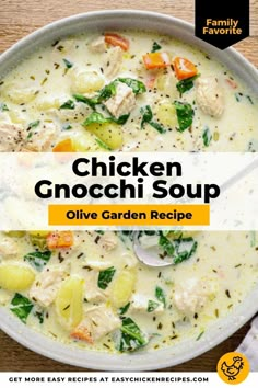 chicken gnocchi soup in a white bowl with the title overlay reads, chicken gnocchi soup olive garden recipe