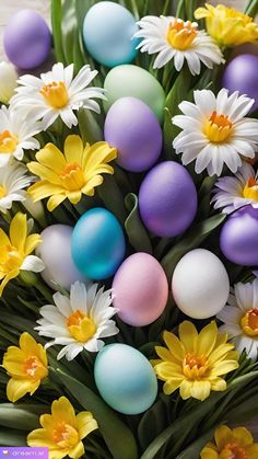 an arrangement of colorful eggs and daisies on a table