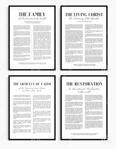 four black and white pages with the words the living christ, the articles of faith