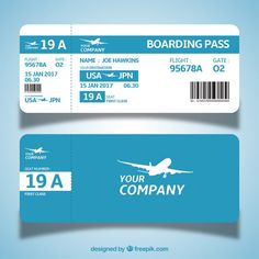 two airline boarding pass cards with the name and number on each side, one is blue