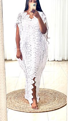 This Silk Kaftan maxi dress is made with Polysilk and Lace Front. It can be styled in different ways, you can dress it up with high heels or dress down with flats/sneakers. The Hand can be worn in 2 ways. one way shows off the arm, the 2nd way has the arm covered for modesty. Notice the slits.Other prints are also available, kindly start a conversation to ask for more information and pics.Contact us for custom looks and more style options. Sizing 🌺 Your height or desired kaftan length is needed Latest White Cord Lace Gown Styles, Elegant Flowy Full-length Maxi Dress, White Cord Lace Gown Styles Nigerian, Full Length Dresses With Side Slits For Spring, Elegant Long Maxi Dress For Spring, Full-length Spring Dresses With Side Slits, Floor-length Maxi Dress For Spring Beach Cover-up, Flowy Full-length Maxi Dress For Party, Fitted Bohemian Dress With Side Slits