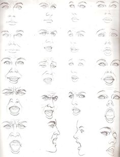 a bunch of different faces drawn in pencil