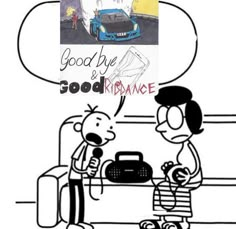 a cartoon drawing of a man talking to a woman in front of a car with the caption good bye and good romance