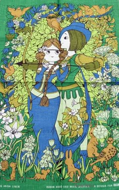 a green scarf with an image of a woman holding a bird in her hand and flowers on the ground