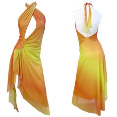 Sexy early 2000s vintage EMA SAVAHL hand dyed ombré orange and neon yellow hi-lo halter mesh dress ! Paris Hilton famously wore an Ema Savahl ensemble to the MTV movie awards in 2002. This rare gem simply slips on and ties around the neck. Multiple layers of soft mesh stretches to fit. In great unworn condition Made in USA Approximately Size Small / Medium Measurements: 32-36 inch bust 24-29 inch waist 34-38 inch hips Vintage Mesh Dress, Orange And Yellow Dress, 2000 Dresses, 2000s Dresses, Early 2000s Dresses, Ema Savahl, Orange Y2k, 2000s Dress, Peter Pan Dress