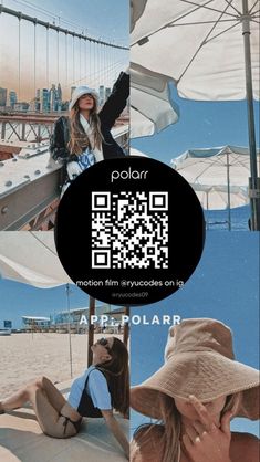 two women sitting under umbrellas at the beach with qr code on their backs