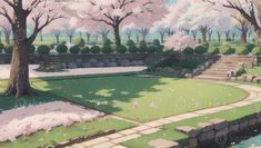 a painting of a park with trees and flowers