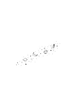 a black and white drawing of the moon, stars, and planets on a white background