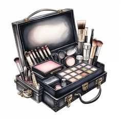 an open suitcase filled with cosmetics and makeup brushes on top of it's side