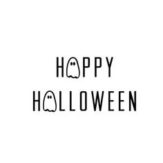 the words happy halloween written in black on a white background, with a ghost face